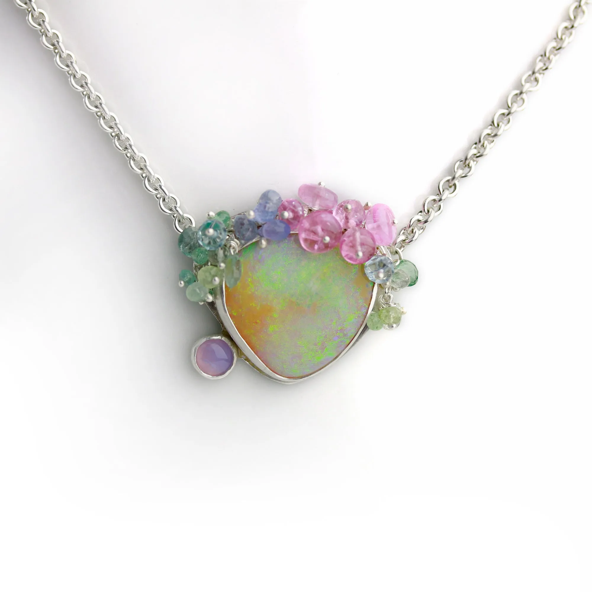 Sold! Pastel Shimmer Boulder Opal Necklace with Amethyst Agate and Gem Fringe