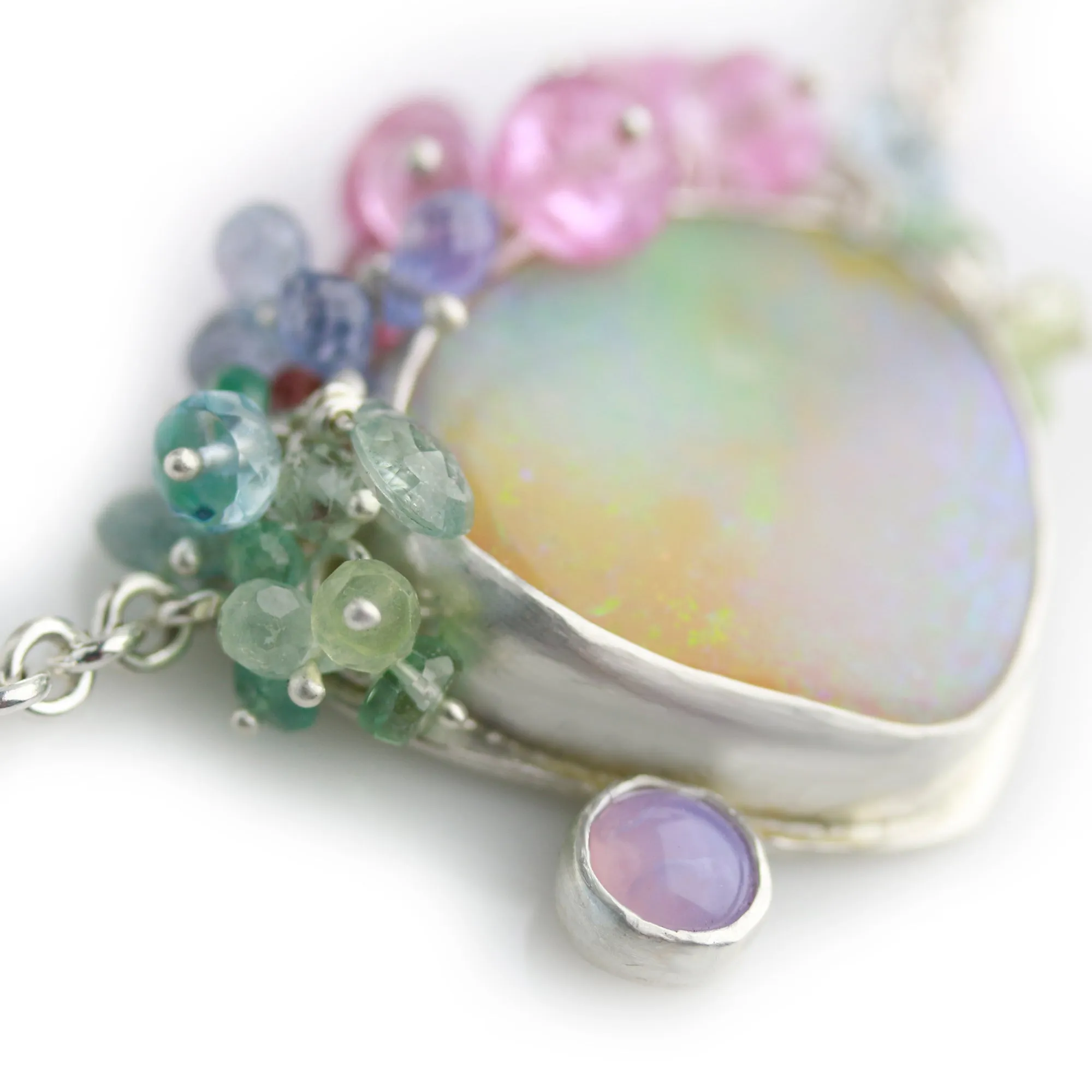 Sold! Pastel Shimmer Boulder Opal Necklace with Amethyst Agate and Gem Fringe