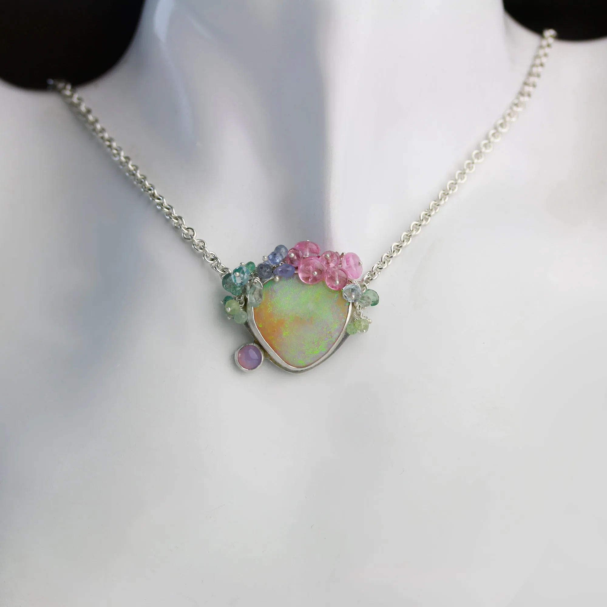 Sold! Pastel Shimmer Boulder Opal Necklace with Amethyst Agate and Gem Fringe
