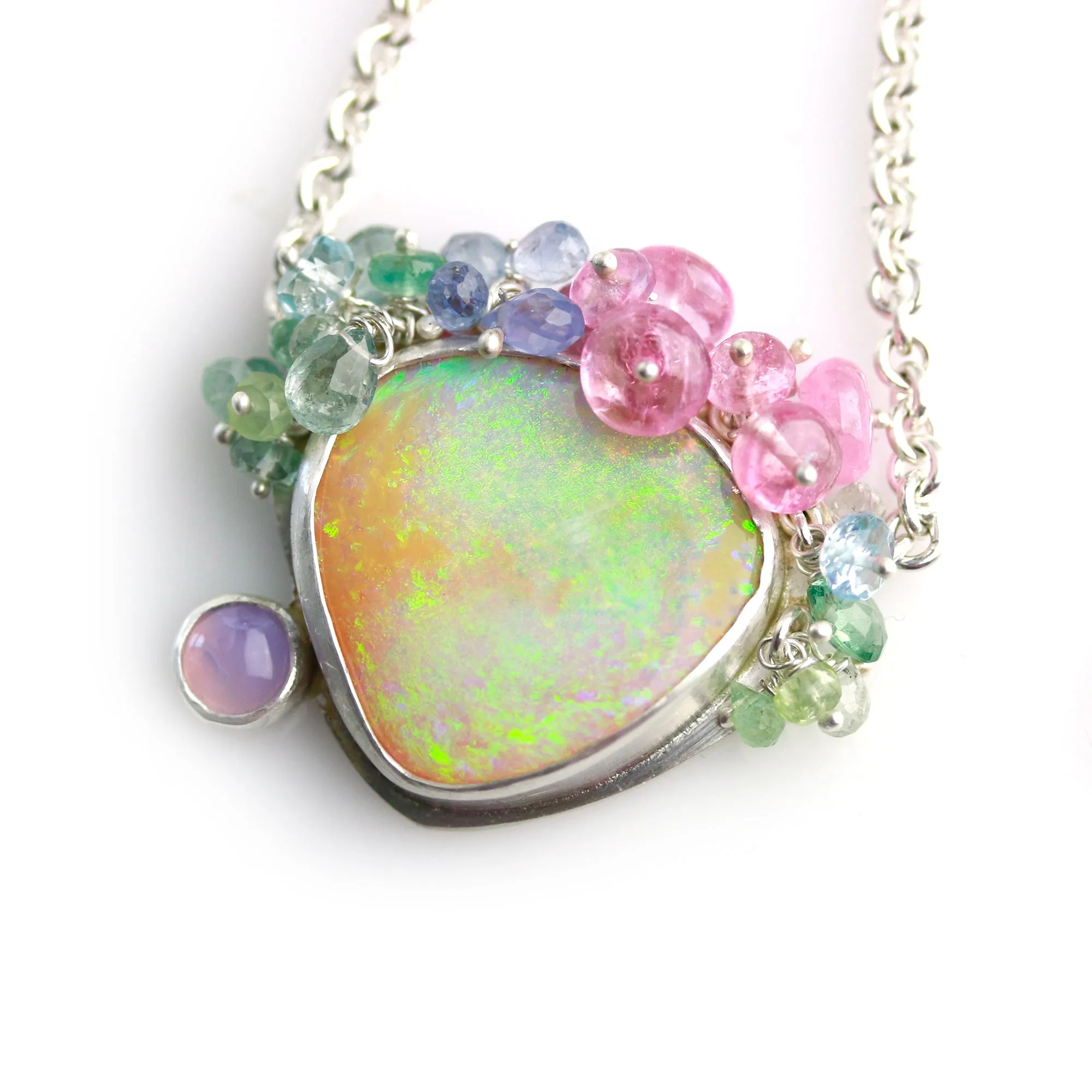 Sold! Pastel Shimmer Boulder Opal Necklace with Amethyst Agate and Gem Fringe