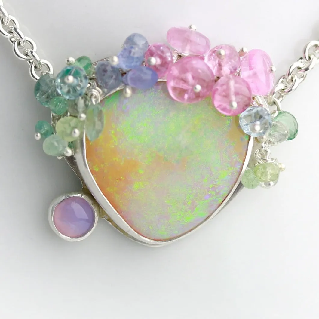 Sold! Pastel Shimmer Boulder Opal Necklace with Amethyst Agate and Gem Fringe