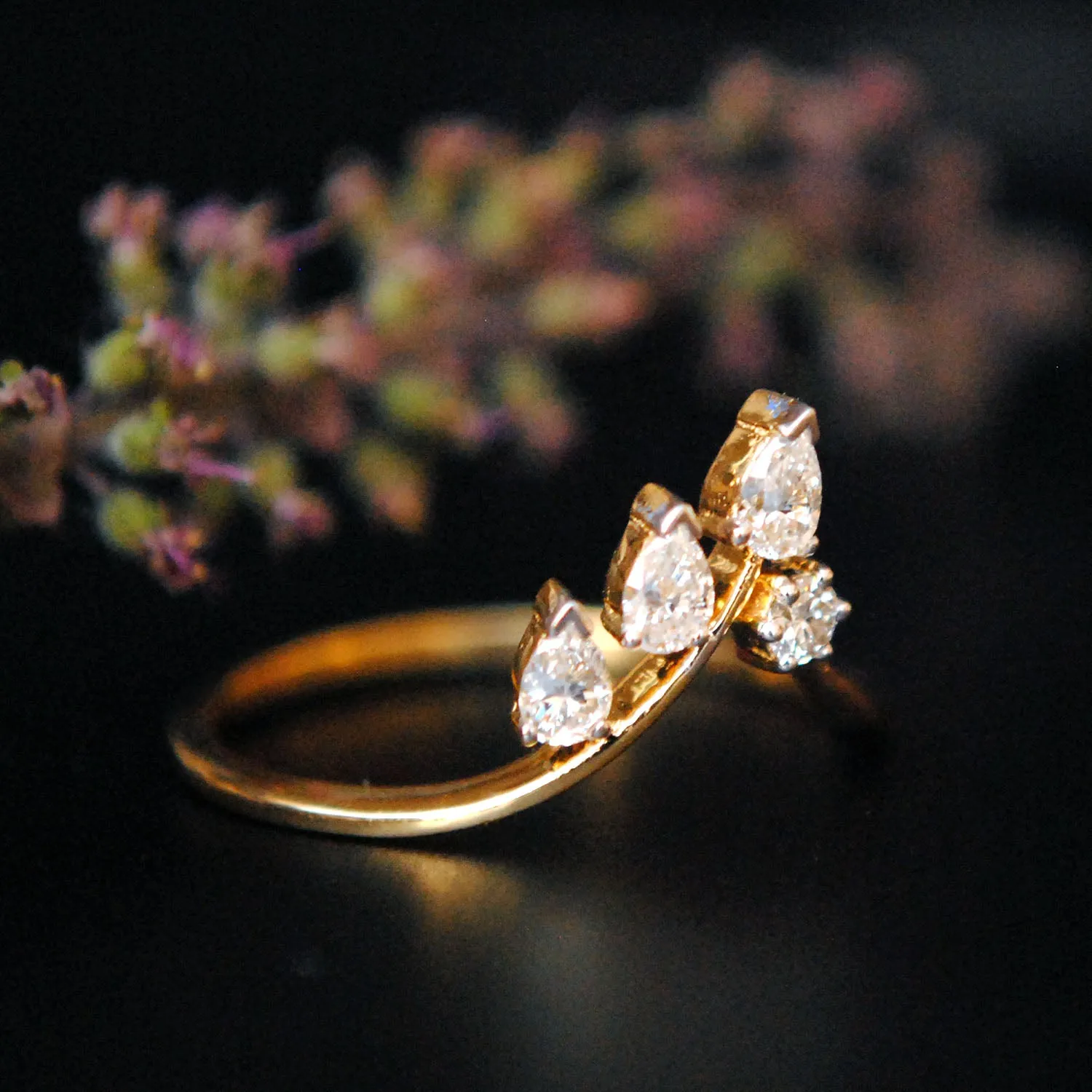 Solid Gold & Natural Pear Cut Diamond Leaf Ring