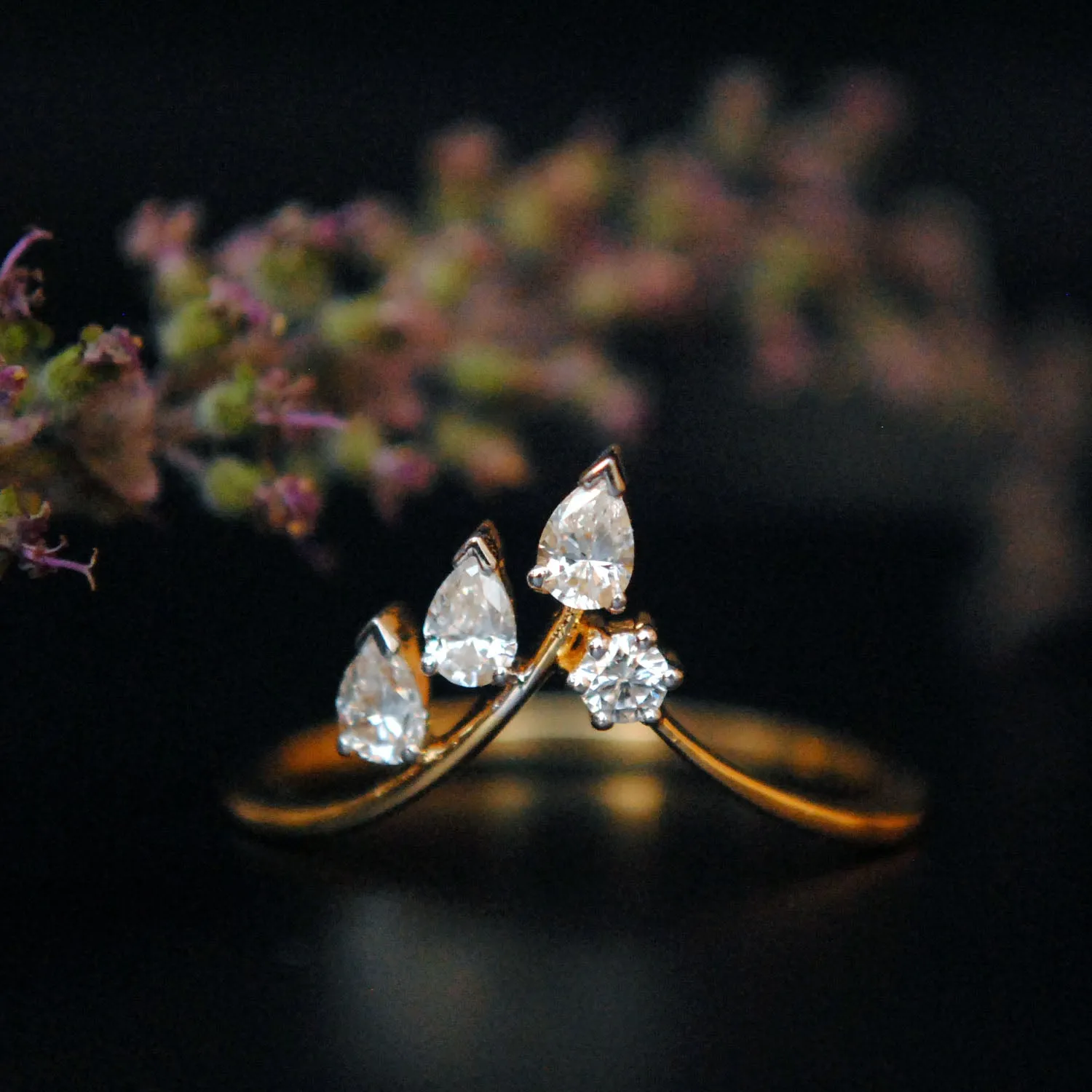 Solid Gold & Natural Pear Cut Diamond Leaf Ring
