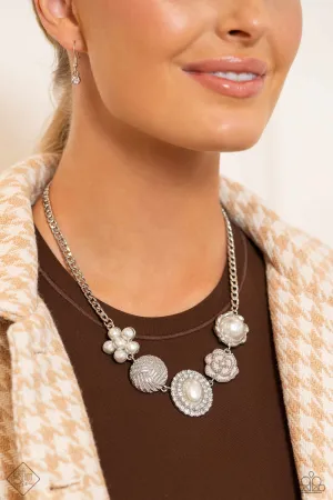 Sophisticated Style - White - Pearl and Rhinestone Flower Accent Paparazzi Short Necklace - January 2024 Fiercely 5th Avenue