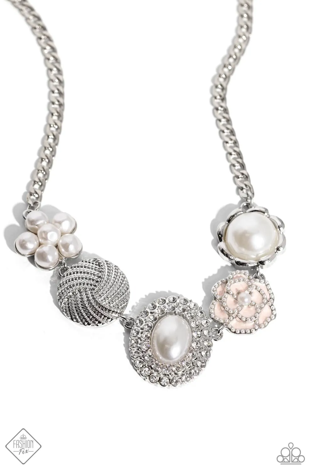 Sophisticated Style - White - Pearl and Rhinestone Flower Accent Paparazzi Short Necklace - January 2024 Fiercely 5th Avenue