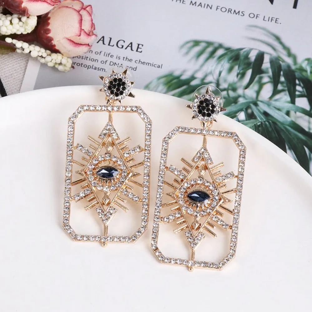Sparkling Gold Rectangle Crystal Eye Drop Earrings - Vintage Glamour for Fashion-Forward Women