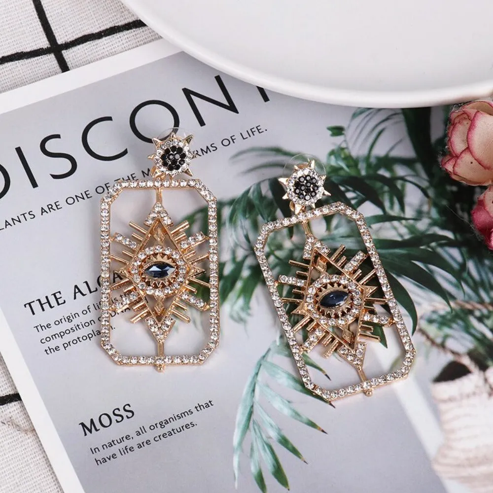 Sparkling Gold Rectangle Crystal Eye Drop Earrings - Vintage Glamour for Fashion-Forward Women