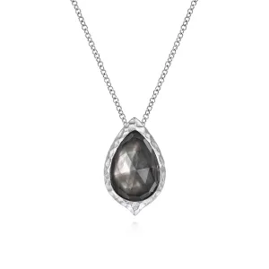 SS Hammered Pear Shaped Rock Crystal Black MOP Teardrop Pendant Necklace