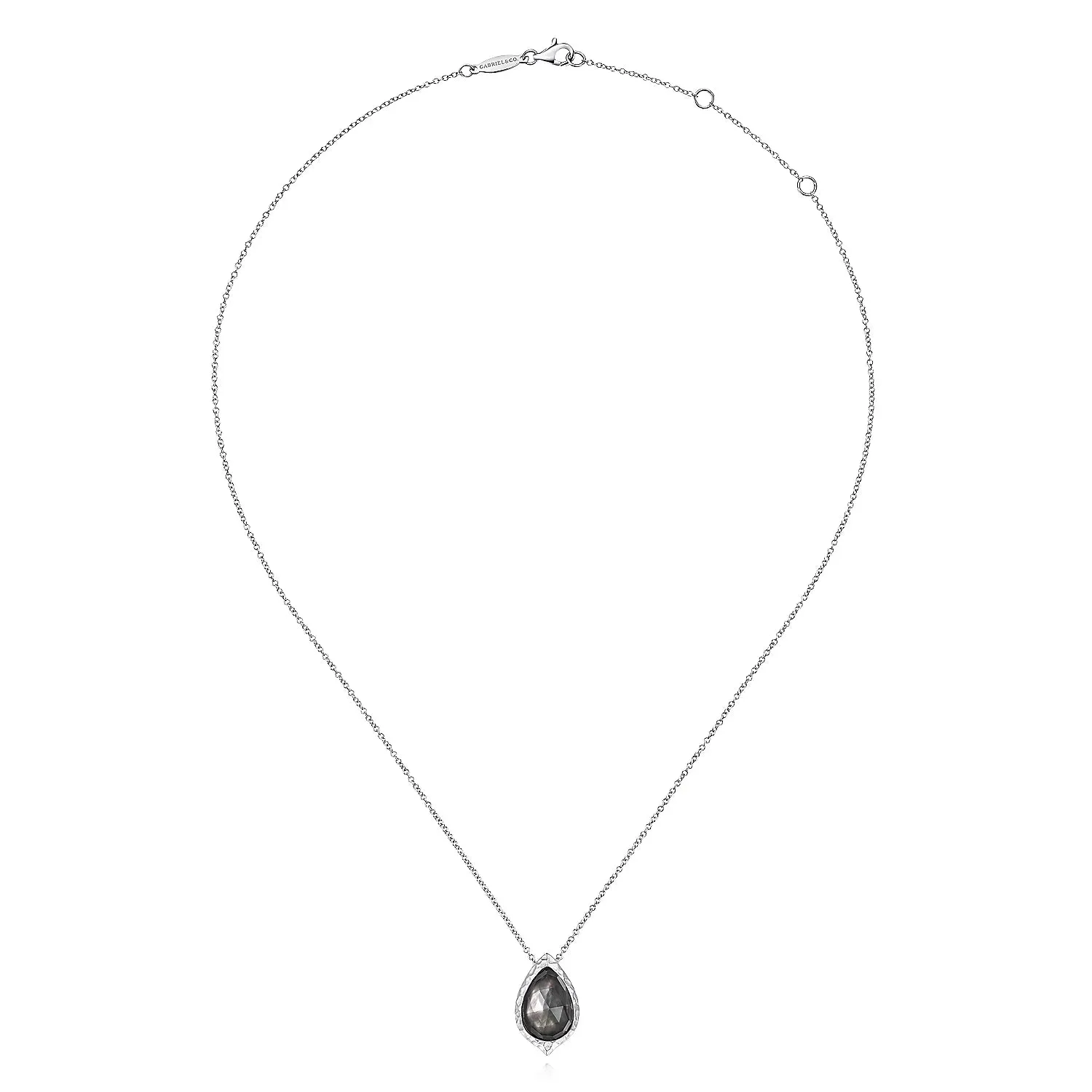 SS Hammered Pear Shaped Rock Crystal Black MOP Teardrop Pendant Necklace