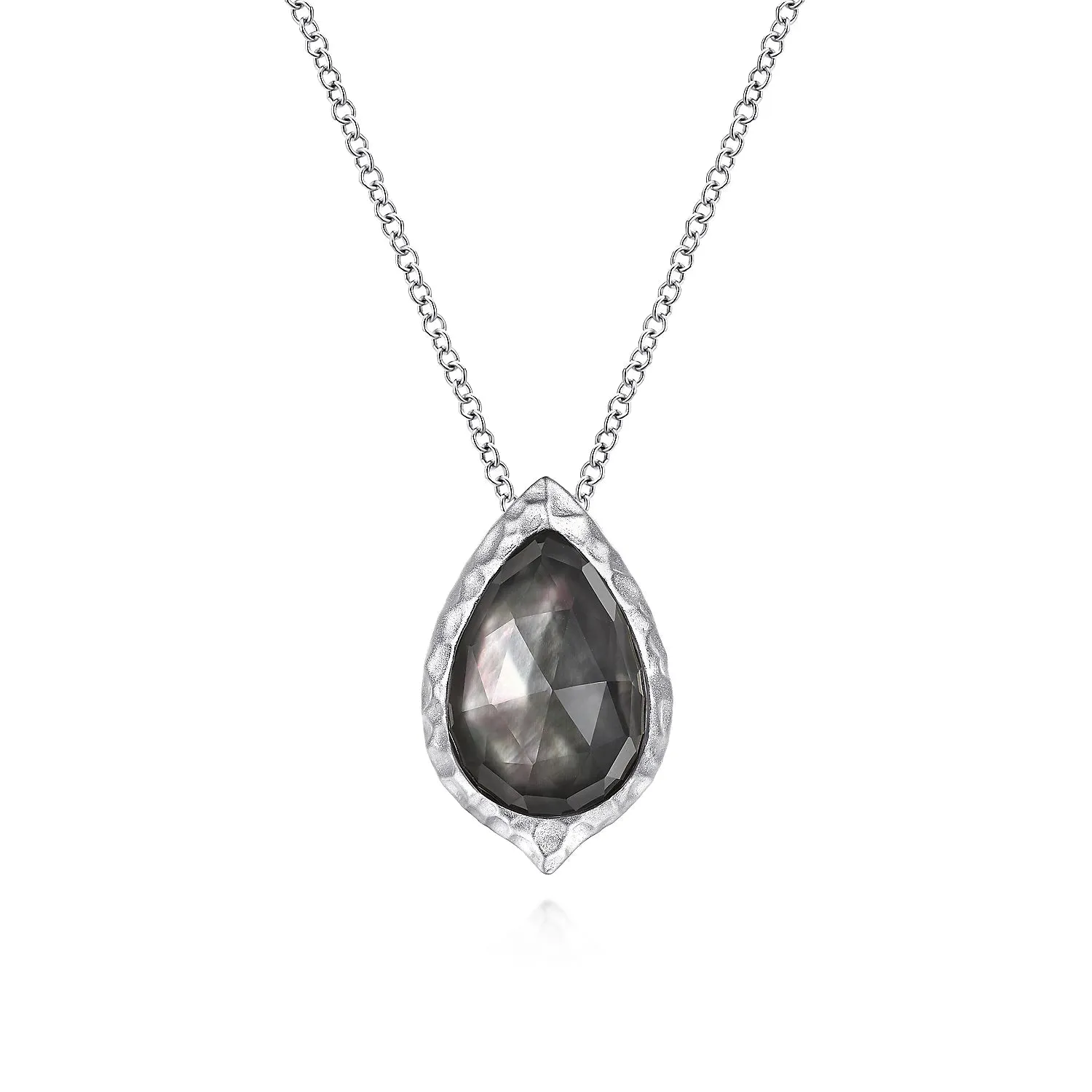 SS Hammered Pear Shaped Rock Crystal Black MOP Teardrop Pendant Necklace