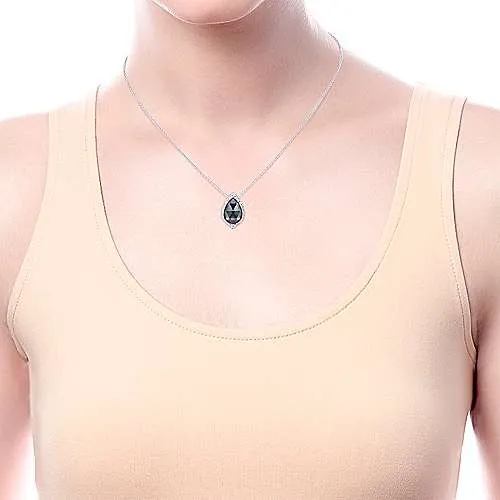 SS Hammered Pear Shaped Rock Crystal Black MOP Teardrop Pendant Necklace