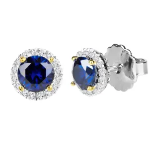 Sterling Silver 1 Carat Lab Created Sapphire Round Solana Studs with Halo and 18 KGP Prongs