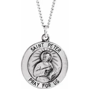 Sterling Silver 18 mm Round St. Peter 18" Necklace