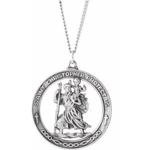 Sterling Silver 38.7 mm St. Christopher Medal Necklace