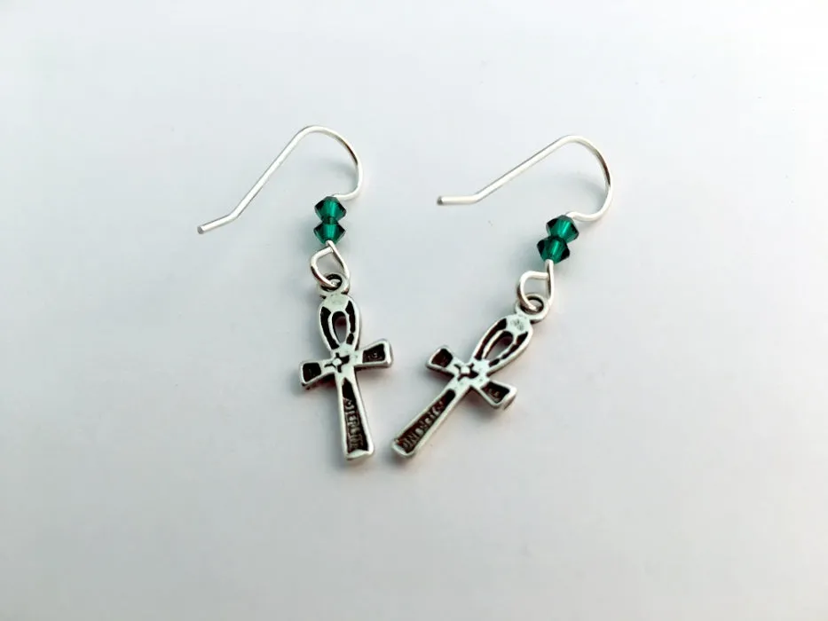 Sterling silver Ankh cross dangle earrings-religion-emerald color Crystal, Ankhs