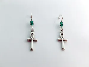 Sterling silver Ankh cross dangle earrings-religion-emerald color Crystal, Ankhs