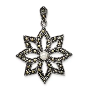 Sterling Silver Antiqued Marcasite & Imitation Pearl Flower Pendant QP5192
