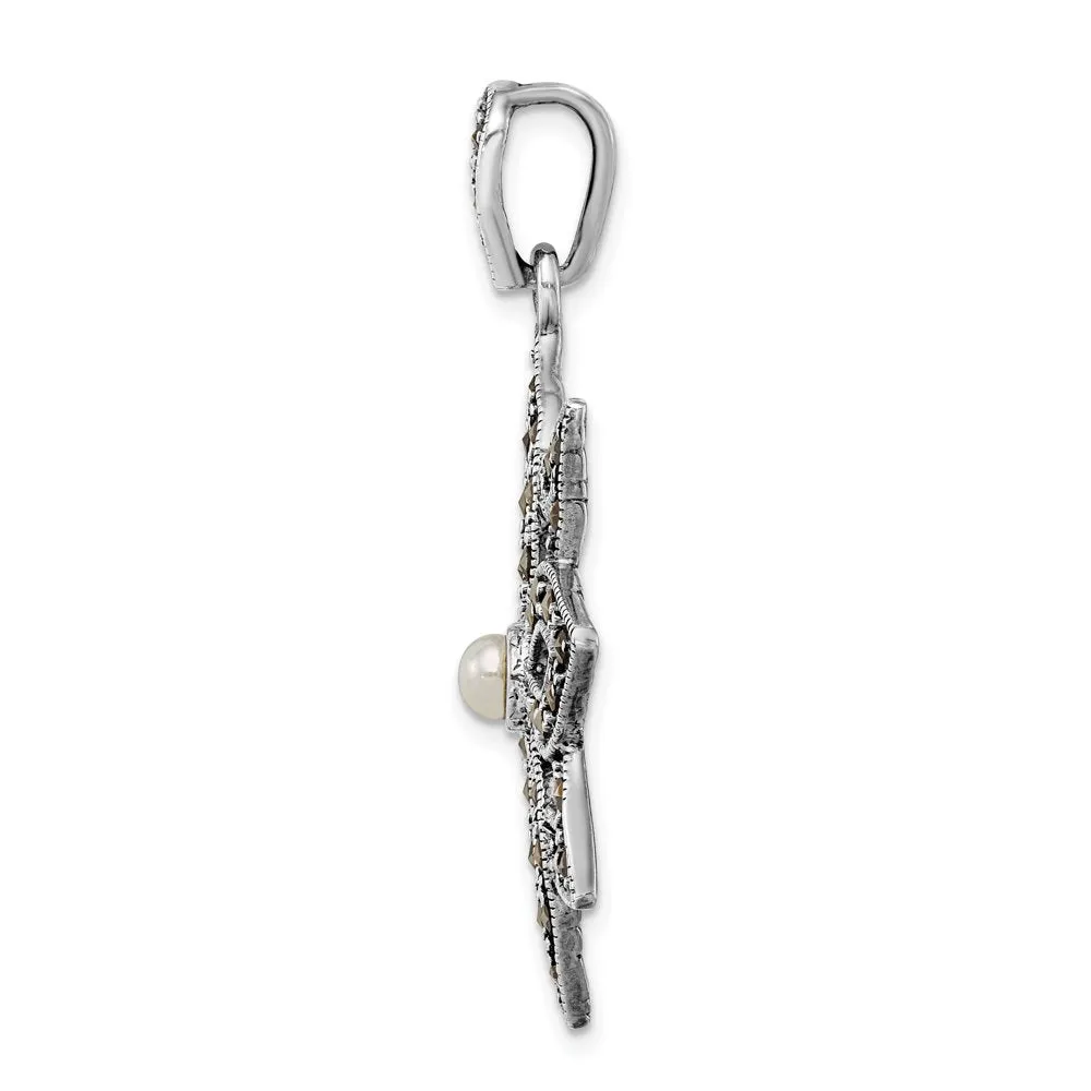 Sterling Silver Antiqued Marcasite & Imitation Pearl Flower Pendant QP5192