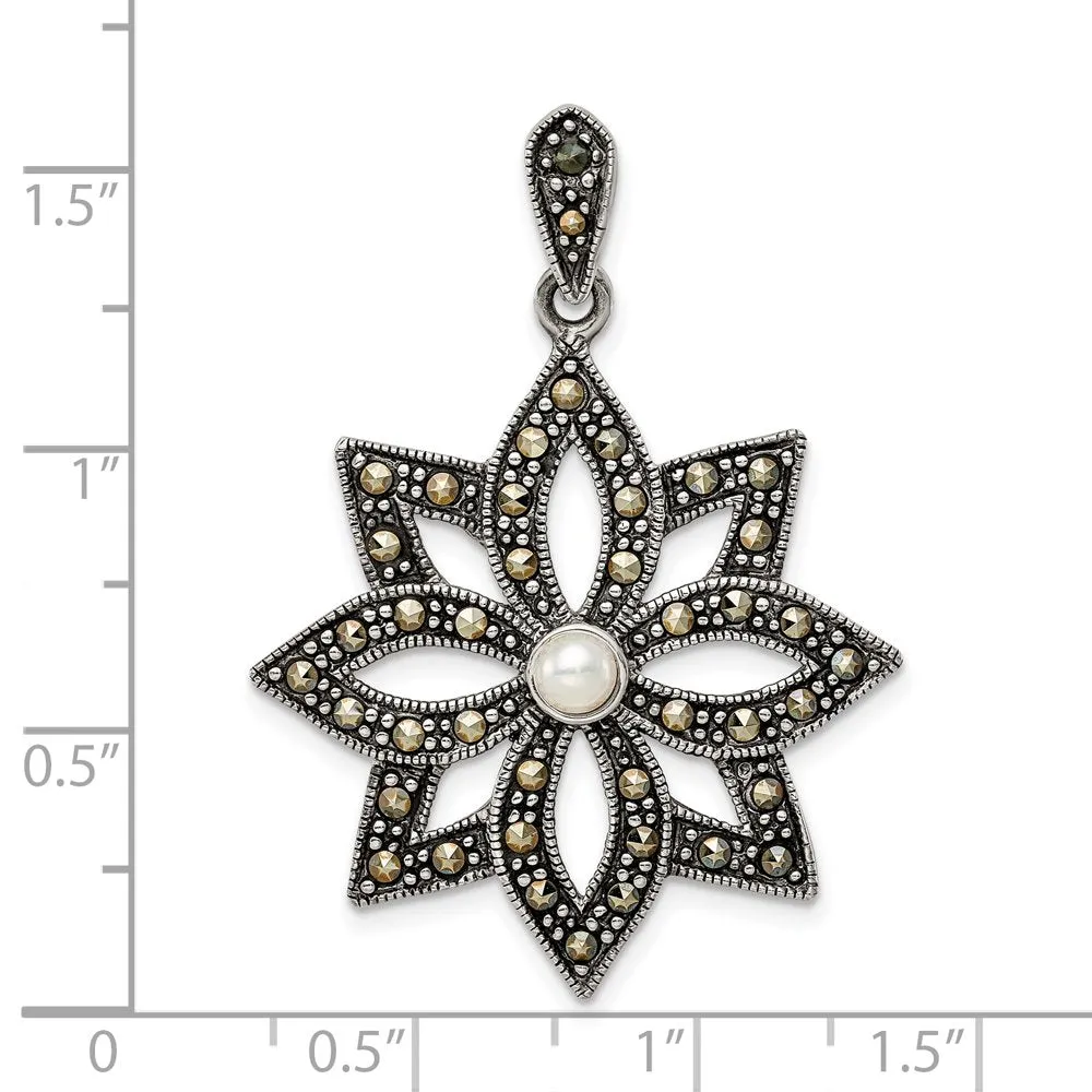 Sterling Silver Antiqued Marcasite & Imitation Pearl Flower Pendant QP5192