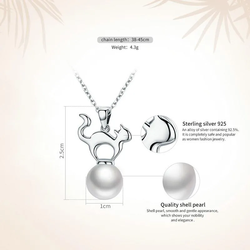 Sterling Silver Cute Cat Pearl Necklace