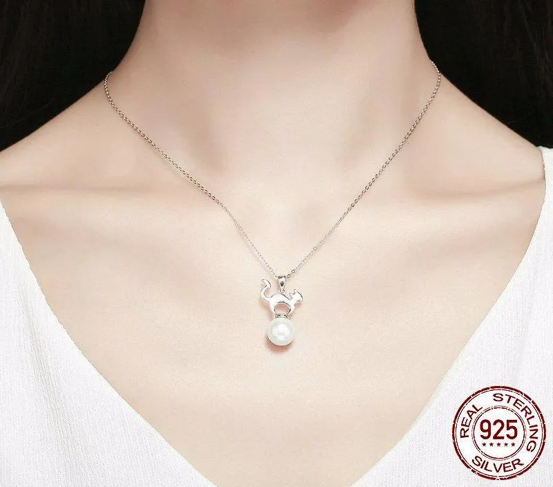 Sterling Silver Cute Cat Pearl Necklace