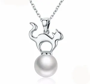 Sterling Silver Cute Cat Pearl Necklace