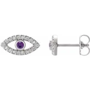 Sterling Silver Natural Amethyst & Natural White Sapphire Evil Eye Earrings
