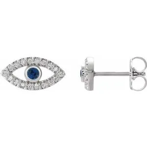 Sterling Silver Natural Blue Sapphire & Natural White Sapphire Semi-Set Evil Eye Earrings