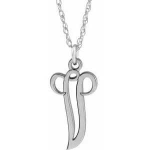 Sterling Silver Script Initial V 16-18" Necklace