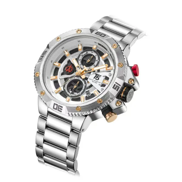 T5 Silver Stainless Steel White Dial Chronograph Quartz Watch for Gents - H3705G-A