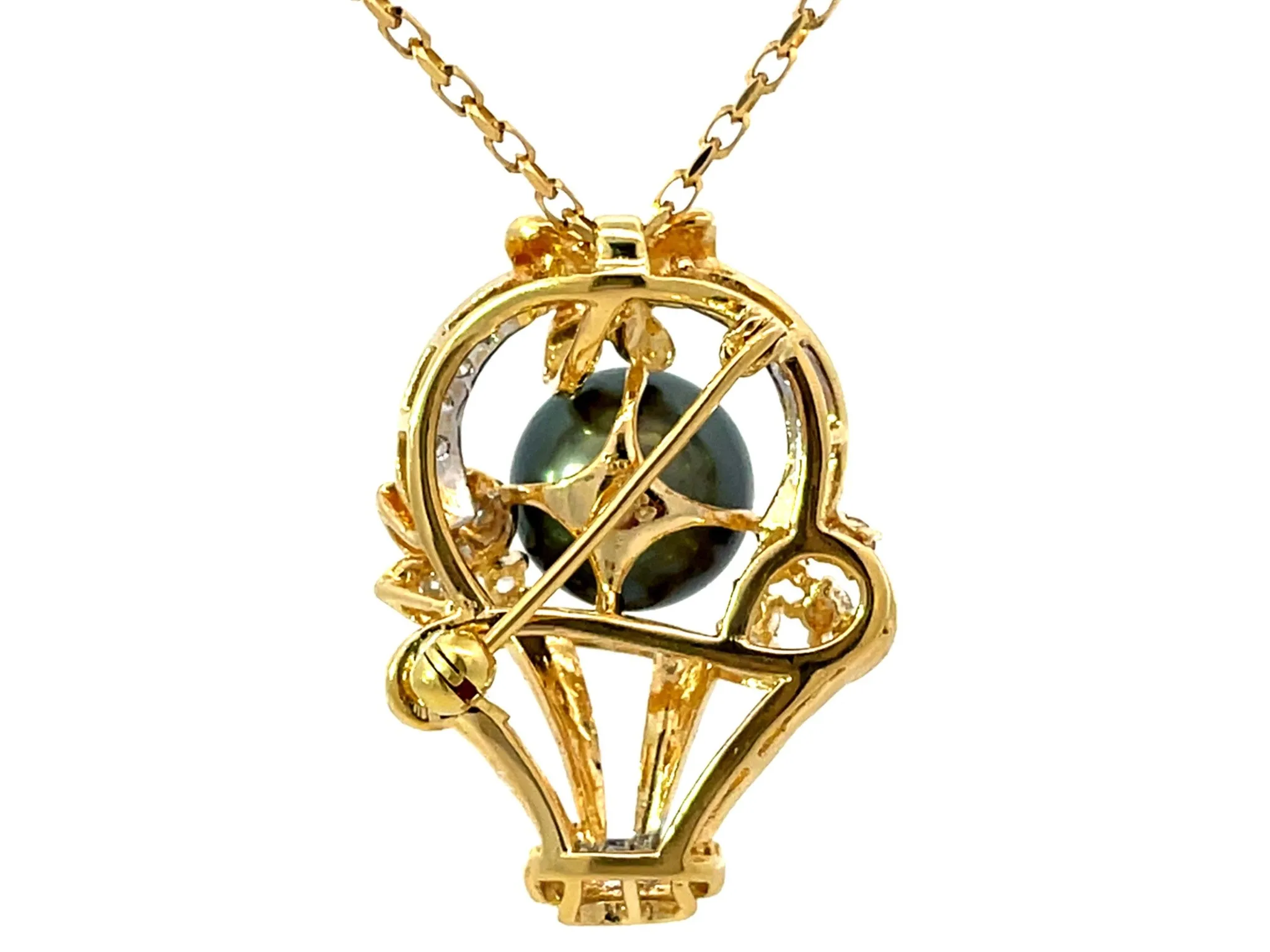 Tahitian Pearl Diamond Basket Pendant Necklace Solid 18k Yellow Gold