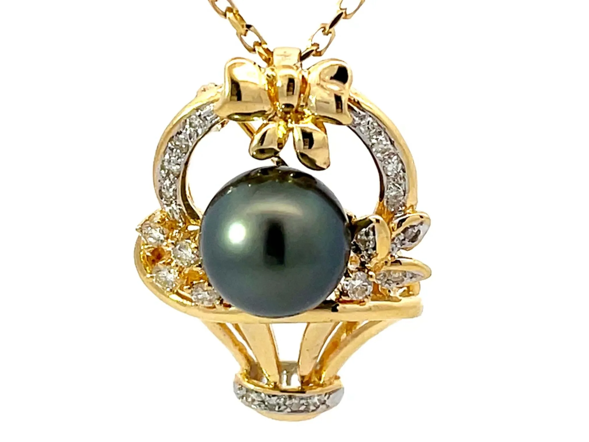 Tahitian Pearl Diamond Basket Pendant Necklace Solid 18k Yellow Gold