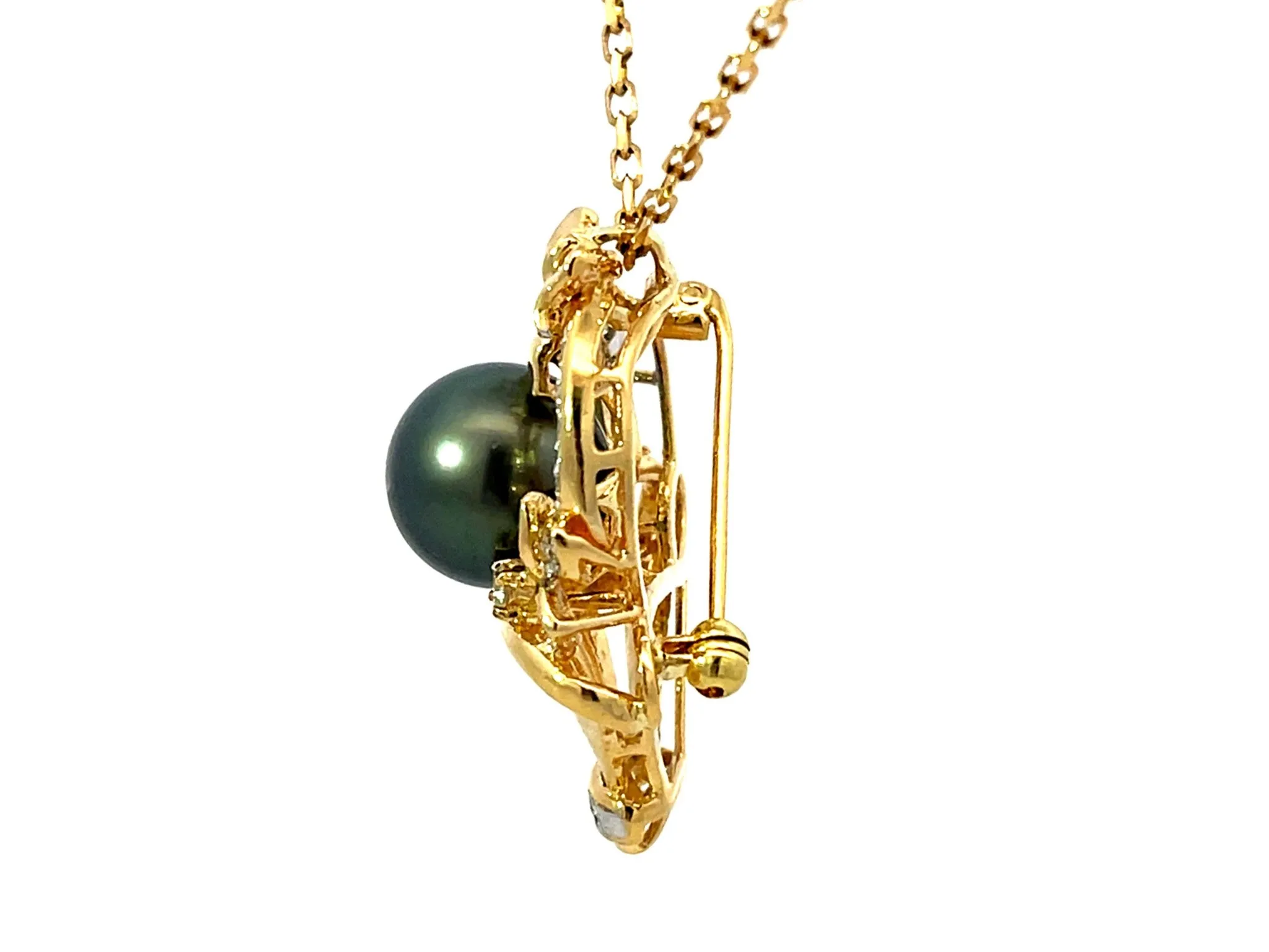 Tahitian Pearl Diamond Basket Pendant Necklace Solid 18k Yellow Gold