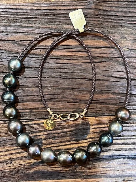 Tahitian pearls on braided dark brown leather 21''