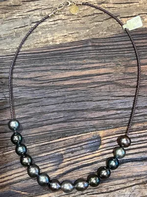 Tahitian pearls on braided dark brown leather 21''