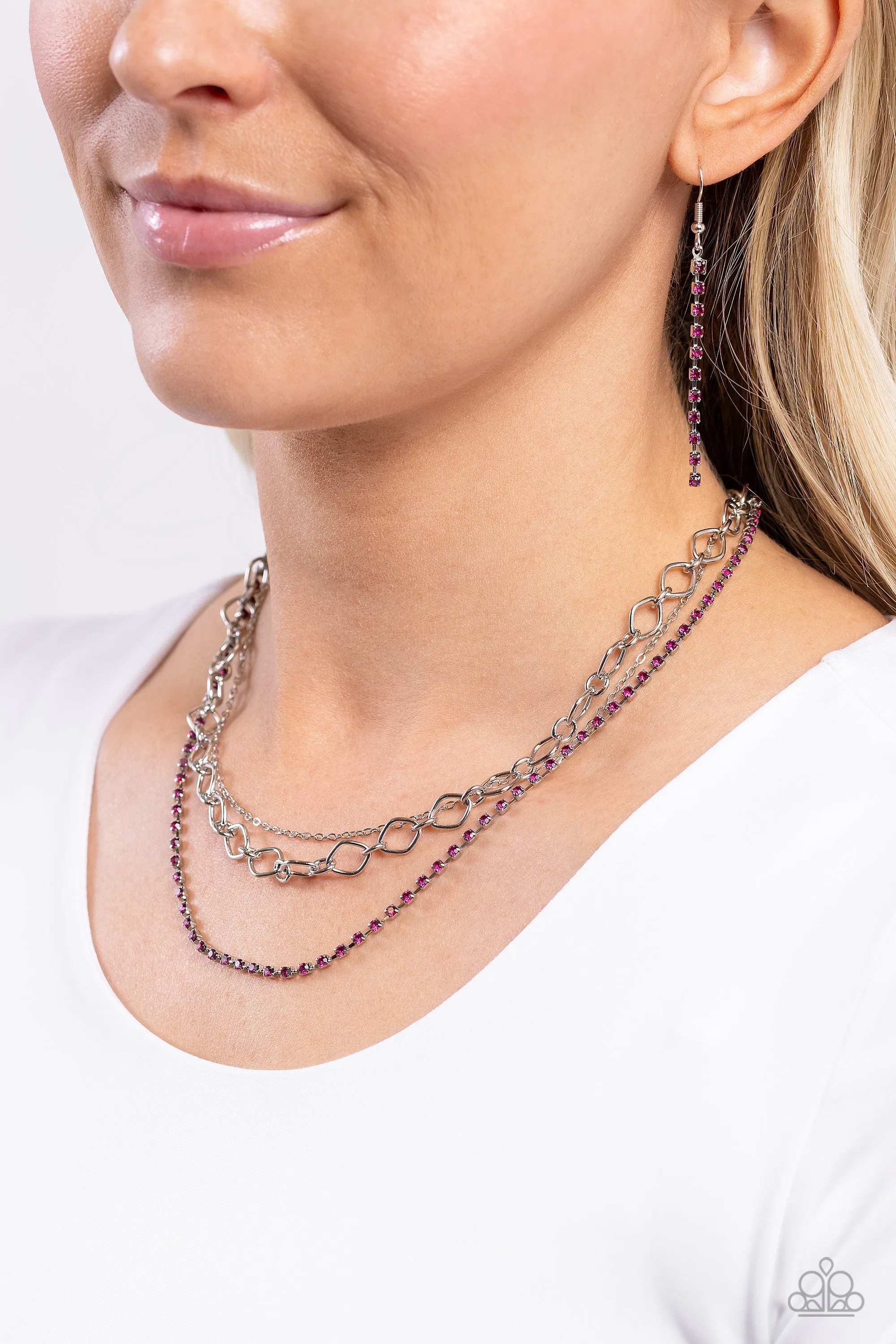 Tasteful Tiers - Pink - Rhinestone and Silver Chain Tiered Paparazzi Short Necklace