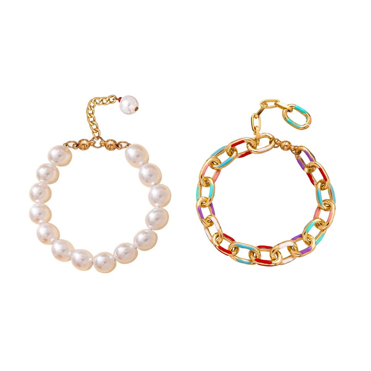 Teal Enamel & Pearl 18K Gold-Plated Bracelet Set