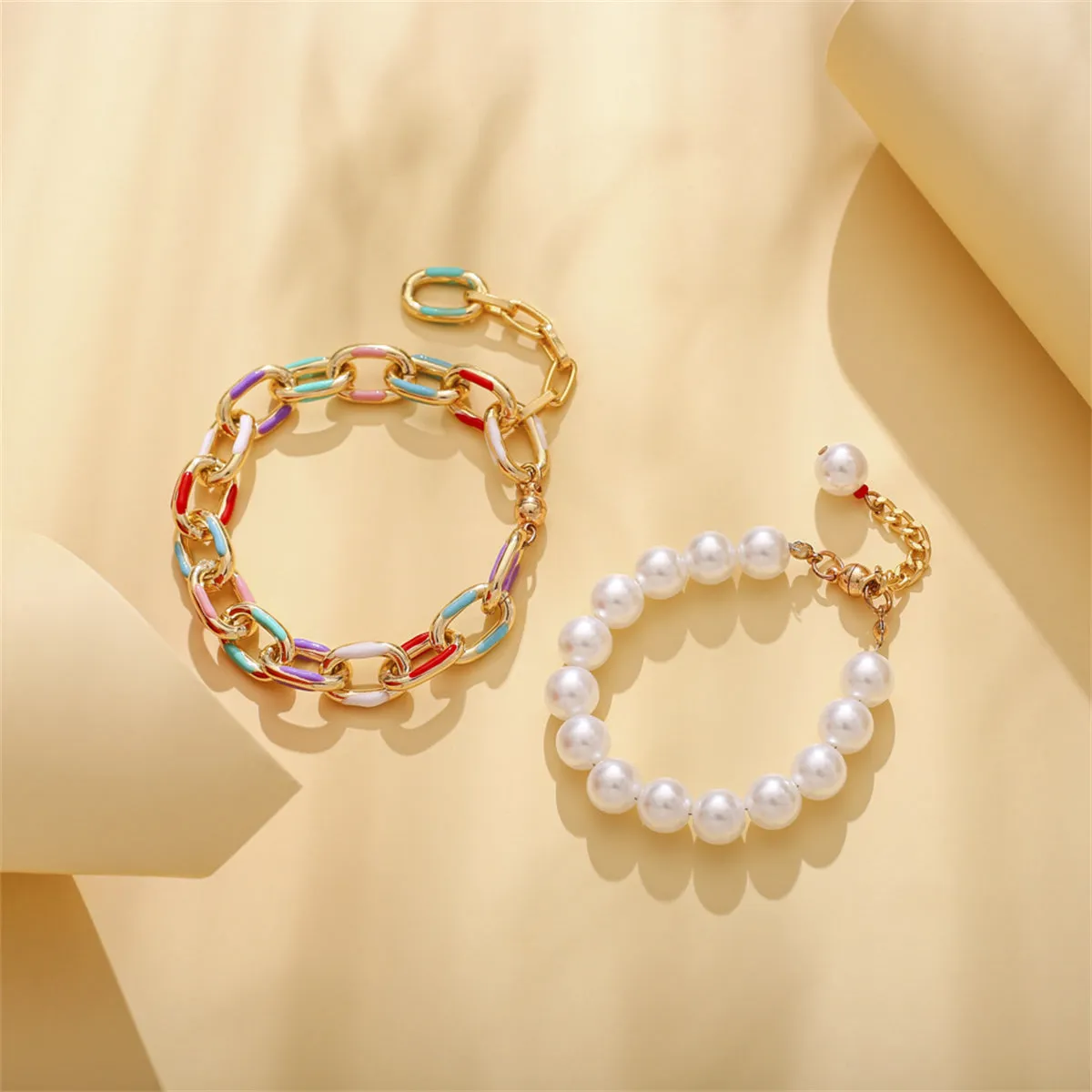 Teal Enamel & Pearl 18K Gold-Plated Bracelet Set