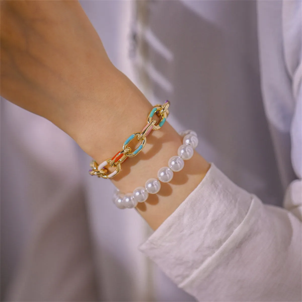 Teal Enamel & Pearl 18K Gold-Plated Bracelet Set