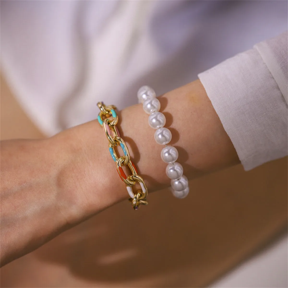 Teal Enamel & Pearl 18K Gold-Plated Bracelet Set
