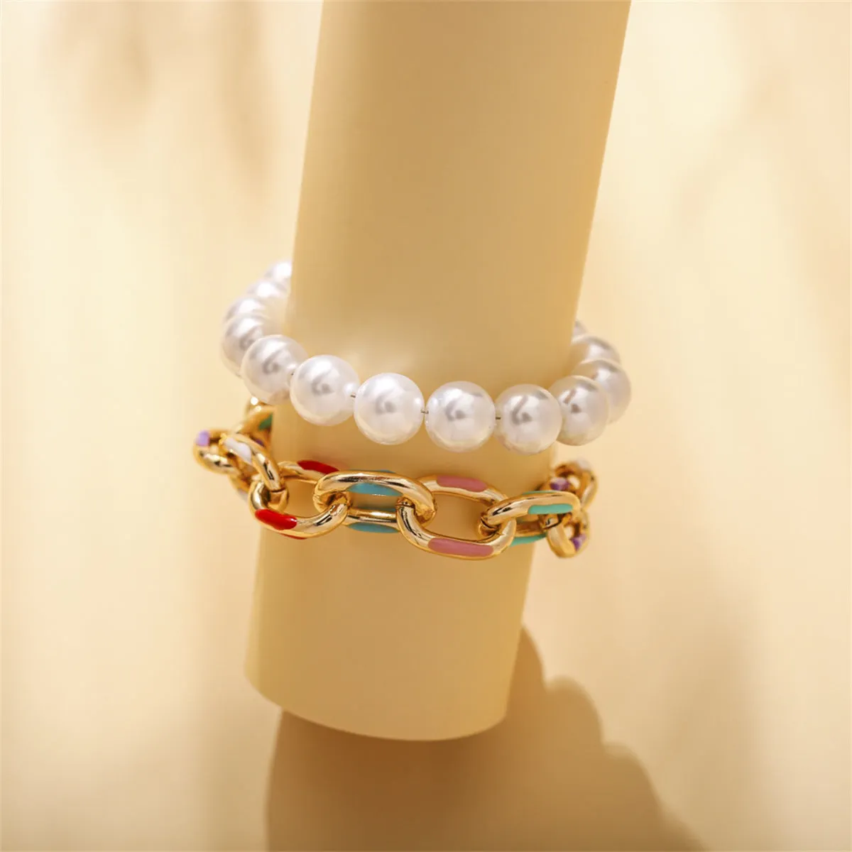 Teal Enamel & Pearl 18K Gold-Plated Bracelet Set
