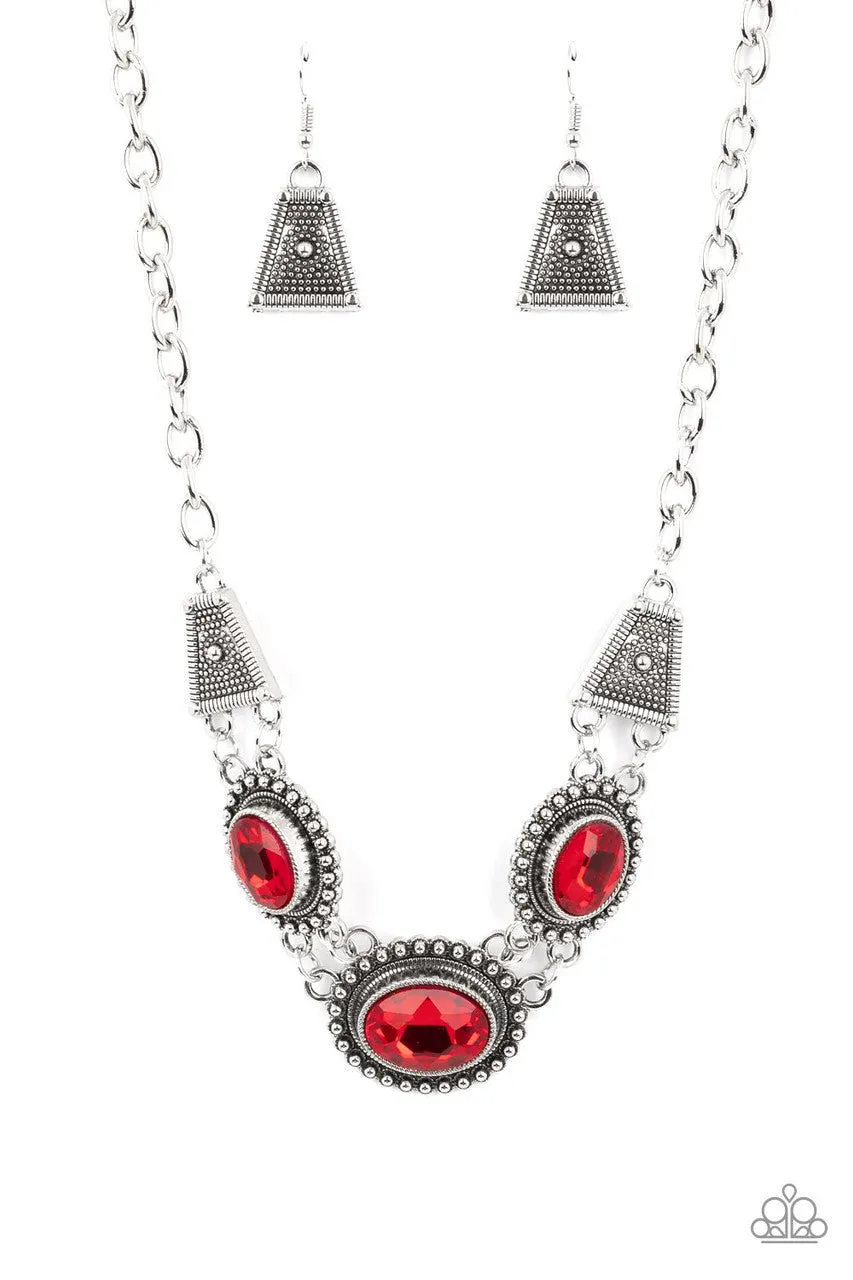 Textured Trapezoid - Red - Oval Rhinestone Paparazzi Short Necklace