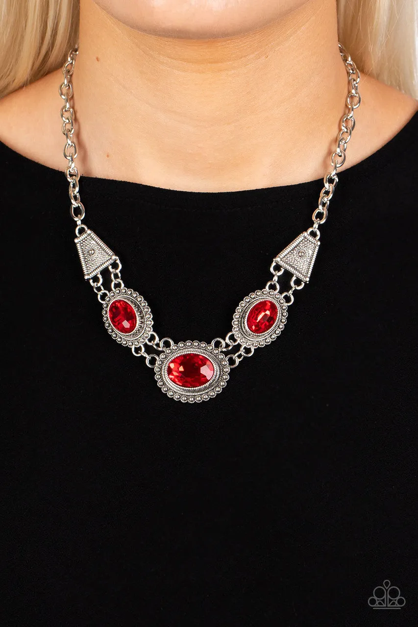 Textured Trapezoid - Red - Oval Rhinestone Paparazzi Short Necklace