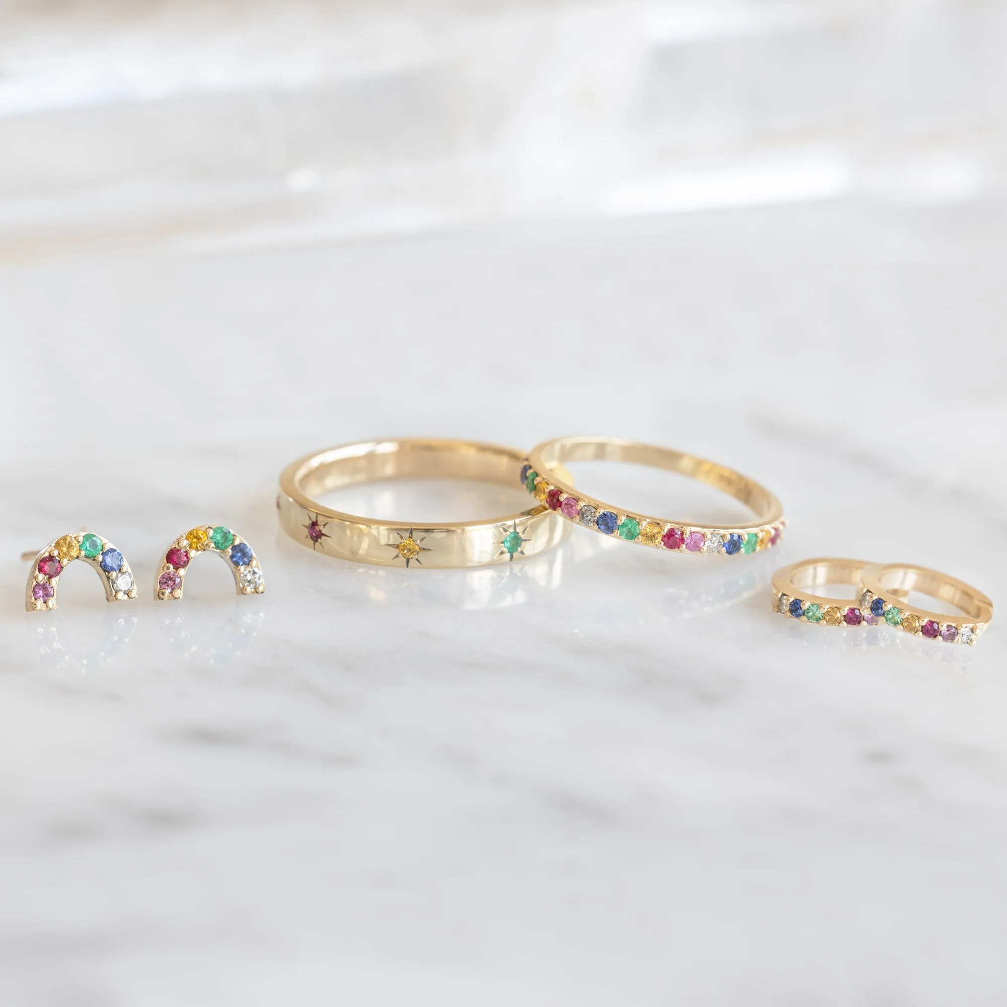 The Rainbow Sapphire Pavé Huggie Hoops | 14K Yellow Gold