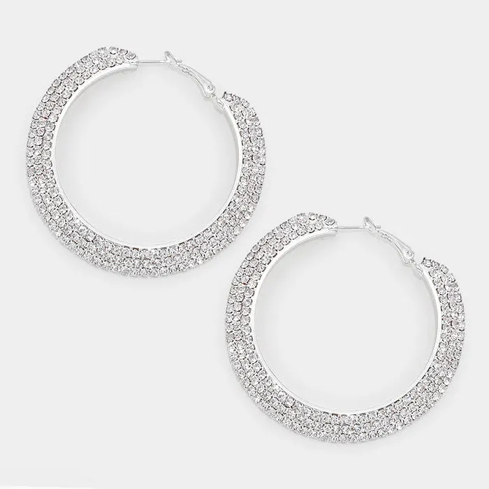 Three Row Clear Crystal Rhinestone Hoop Earrings on Silver  | 2.5"| 155615