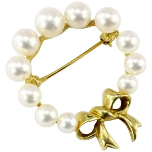 Tiffany & Co 18K Yellow Gold and Pearl Wreath with Bow Brooch Pin