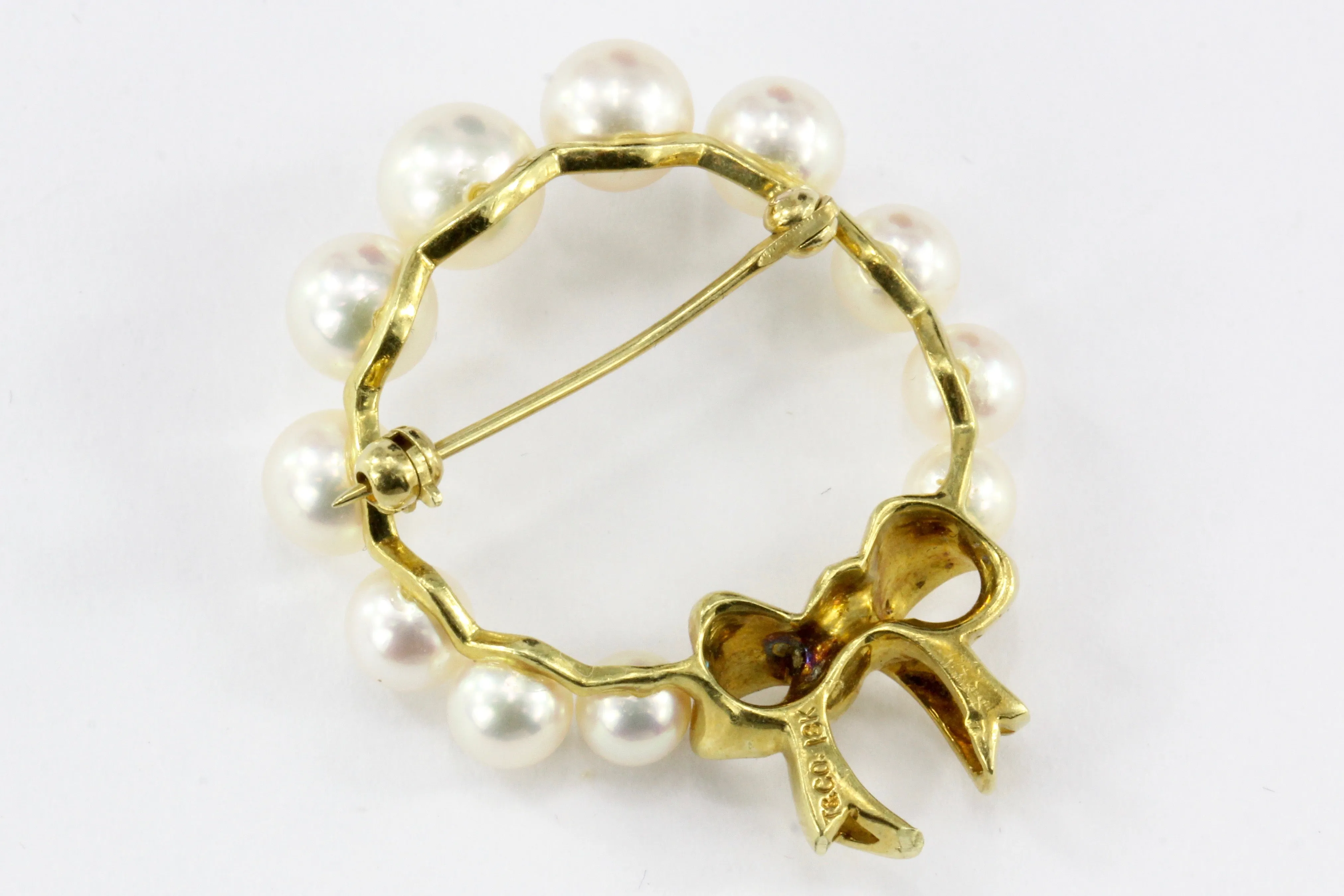 Tiffany & Co 18K Yellow Gold and Pearl Wreath with Bow Brooch Pin