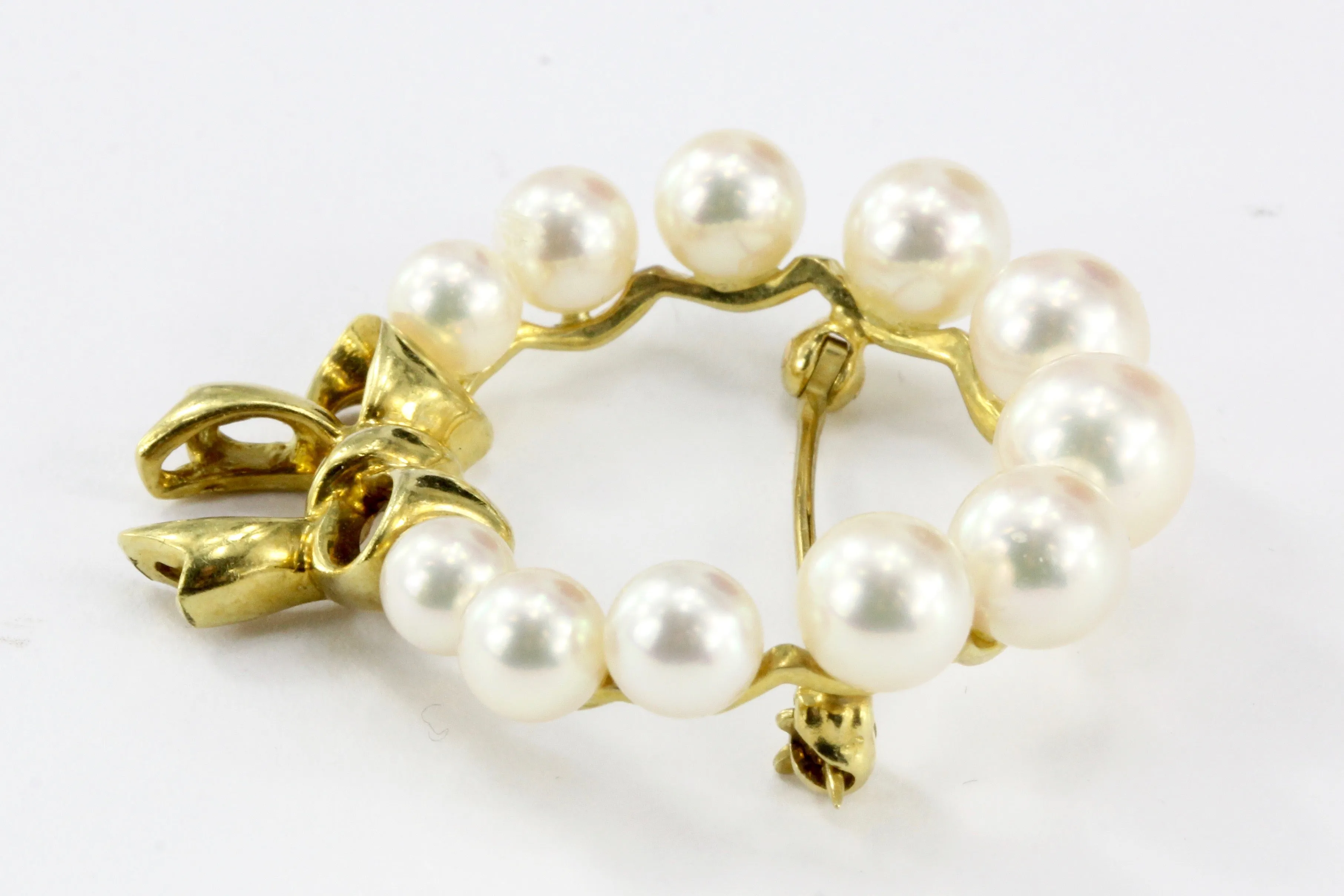 Tiffany & Co 18K Yellow Gold and Pearl Wreath with Bow Brooch Pin