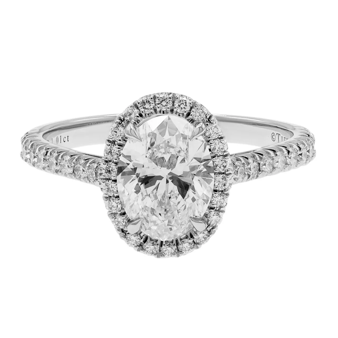 Tiffany & Co. Platinum 1.01 Carat Oval Diamond Soleste Halo Engagement Ring