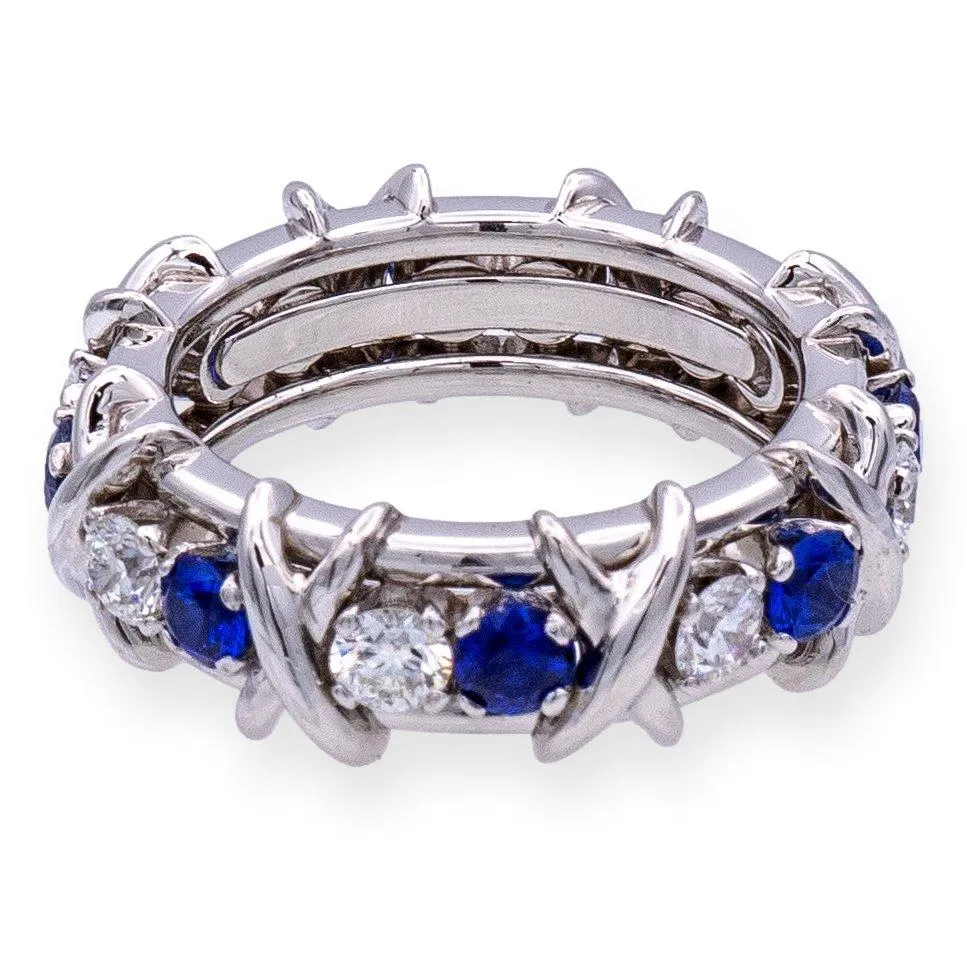 Tiffany & Co Platinum Schlumberger 16 Stone Sapphire Diamond X Ring Size 4